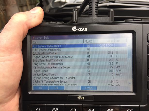 Scanner showing car engine fault codes